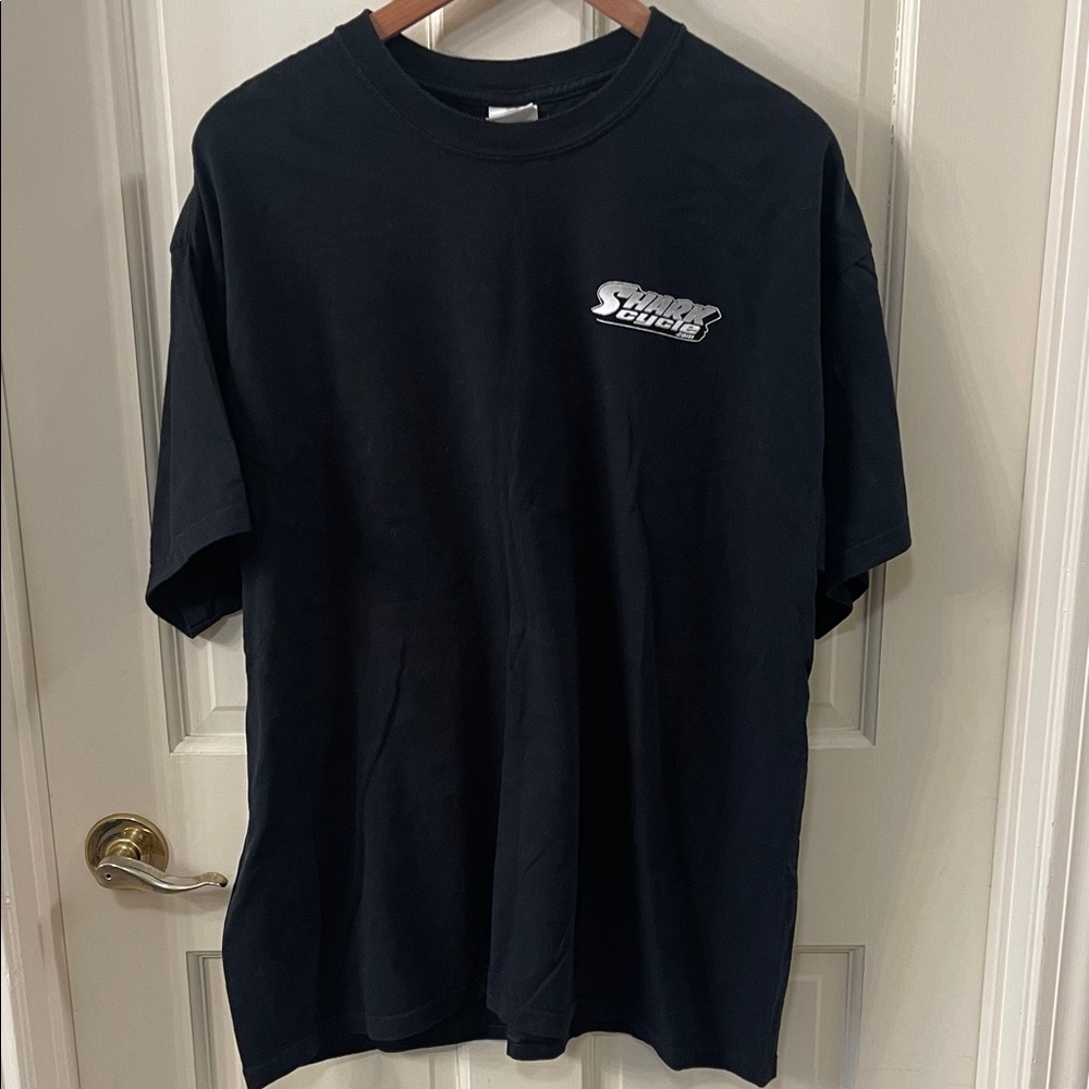 Gildan Black Short Sleeve Tee with Shark Cycle White Chest and Back Logo